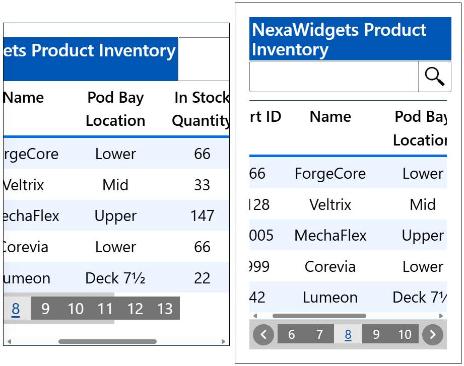 screenshots of a heading, searchbar, table and pagination. the failing example shows the heading and search bar appearing on the same horizontal page, and each extending outside of the visible area of the viewport. The pagination is similarly cut off and the 'next' button is missing. The passing example shows the heading and search bar both within the 320px wide viewport, stacked on top of each other. the table is within a scrollable area, and the pagination has been reduced in size to show fewer pages to navigate to, but the previous and next buttons are correctly present.