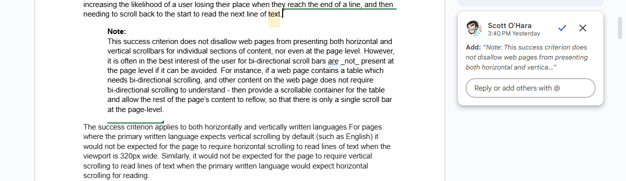 online rich text document - on the left: the text document is displayed at dimensions representing the physical width and height of the page. On the right, a comment referring to highlighted text in the text document.